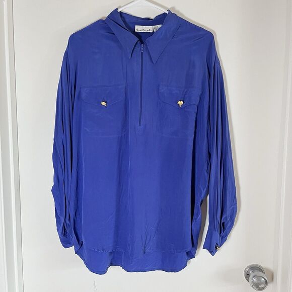 Vintage Anne Klein II 100% Silk Blue 1/2 Zip Retro Secretary Blouse Size 12 - Picture 1 of 7